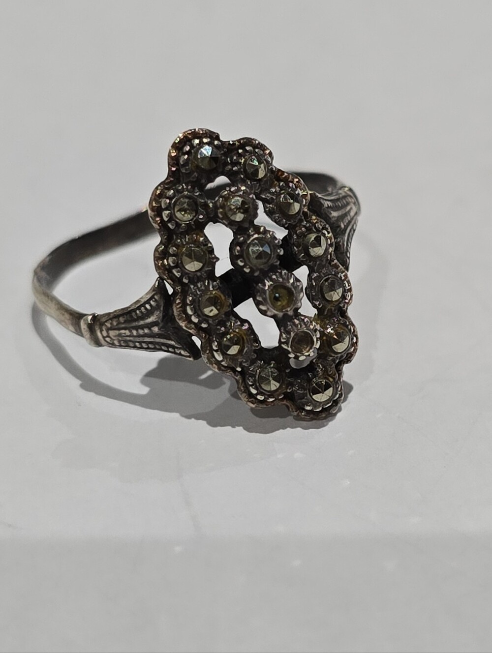 Antique Sterling Silver Marcasite Floral Cluster Ring